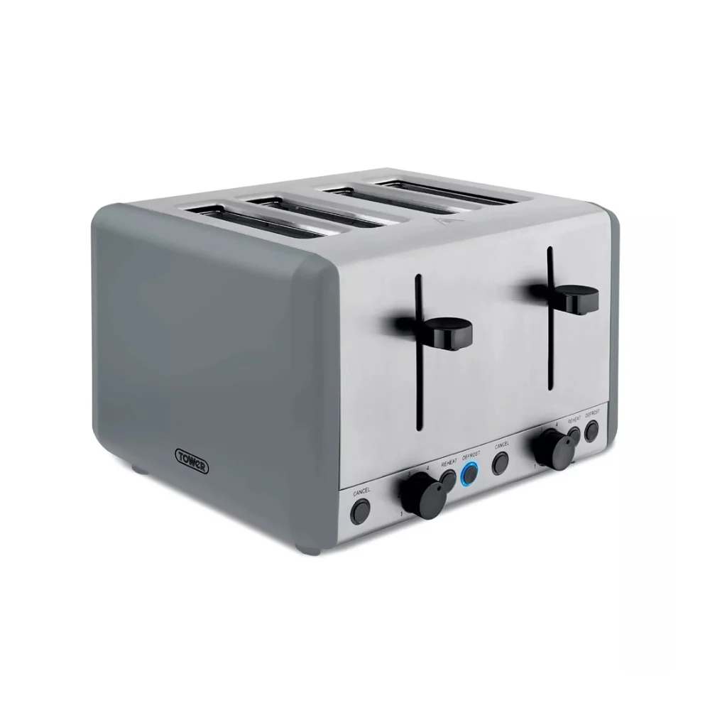 Tower Sera Four-Slice Grey Toaster | Dual Controls, Wide Slots