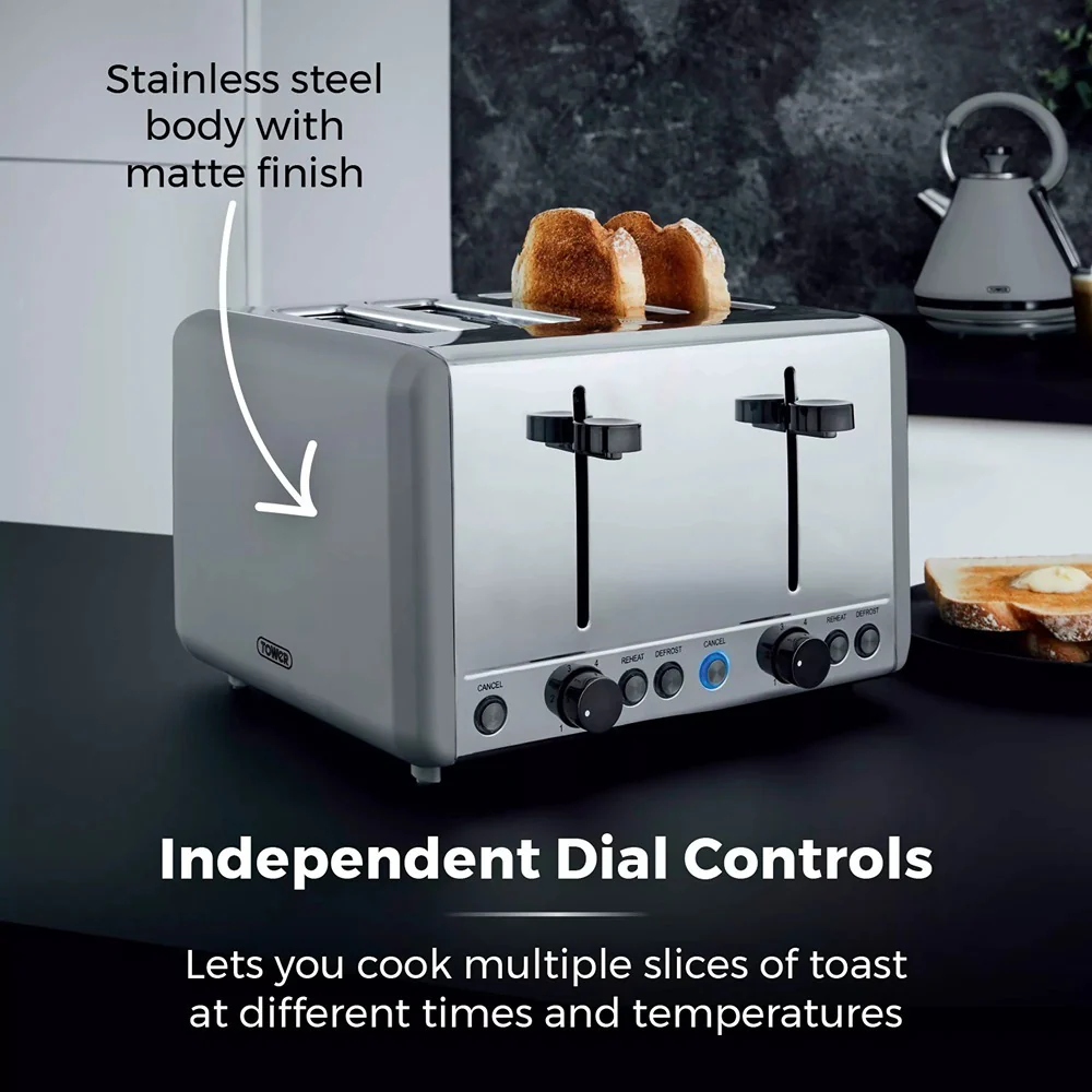 Tower Sera Four-Slice Grey Toaster | Dual Controls, Wide Slots - Image 5