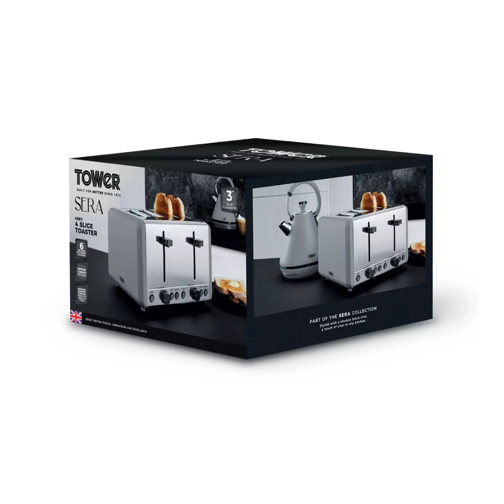 Tower Sera Four-Slice Grey Toaster | Dual Controls, Wide Slots - Image 6