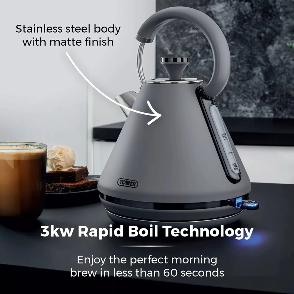 Tower Sera Grey Vintage-Style Electric Kettle with Water Window | 1.7L, 3kW - Image 3