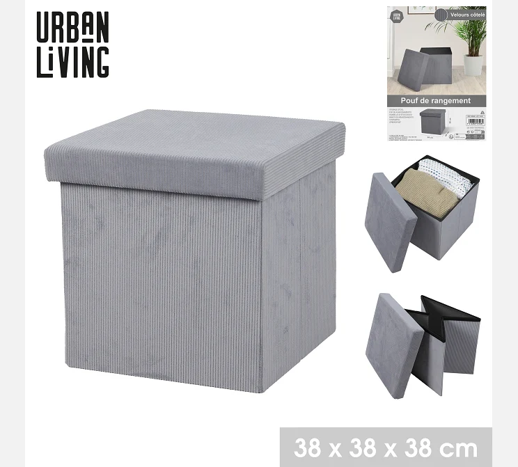Urban Living Cord Foldable Storage Seat | Grey Ribbed Velvet | 38 x 38 x 38 cm