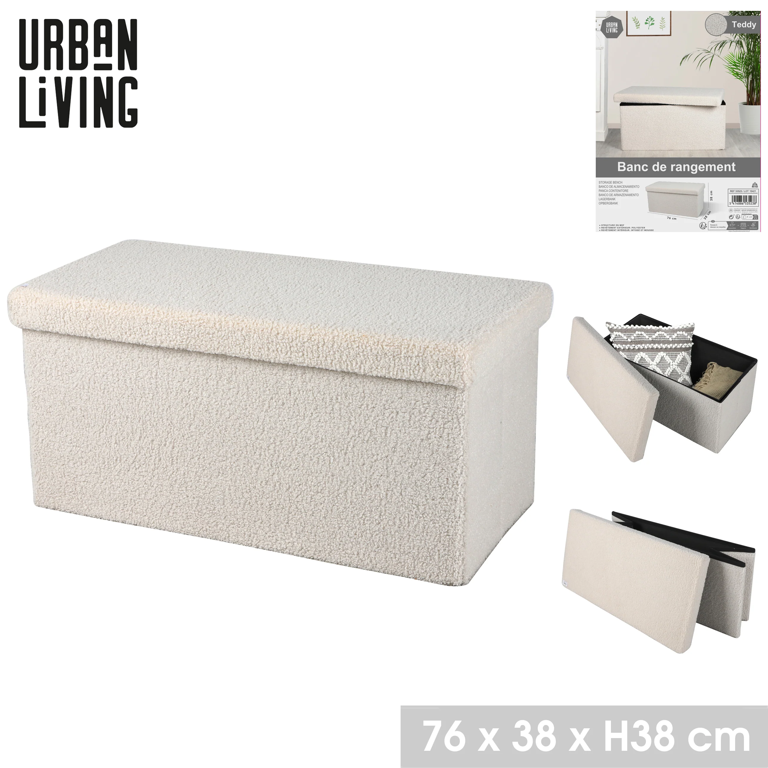 Urban Living Foldable Ottoman Storage Bench | Cream Teddy Fabric | 76 x 38 x 38 cm