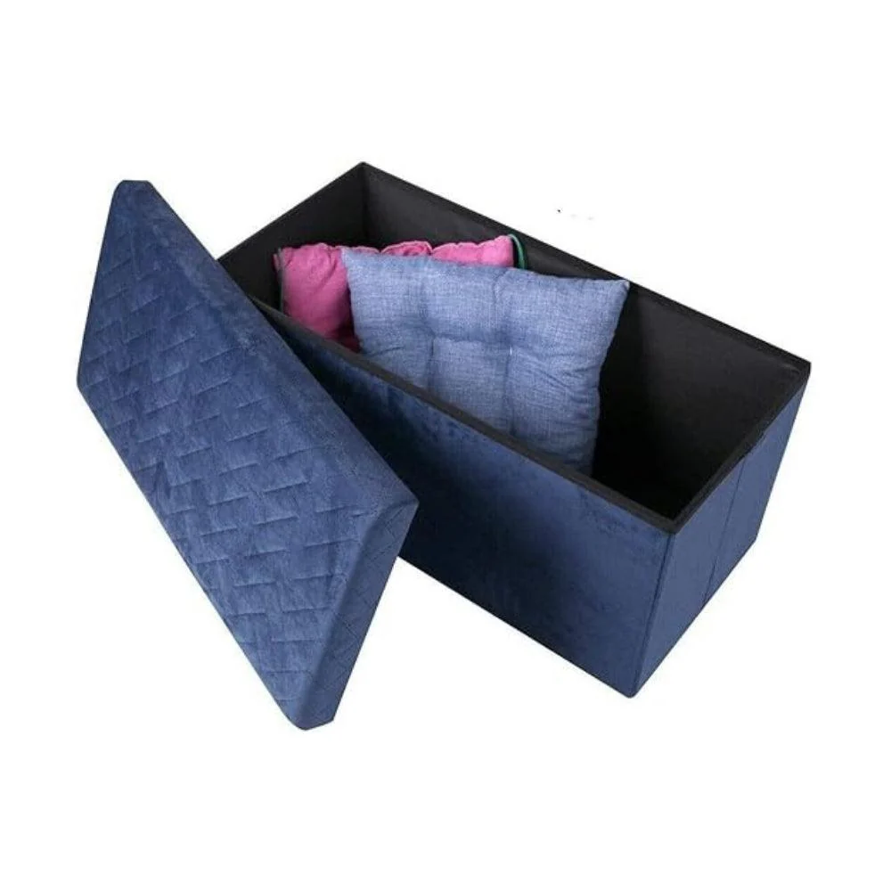 Urban Living Velvet Blue Storage Bench | Quilted Pattern, Foldable, Ample Internal Storage - Image 4