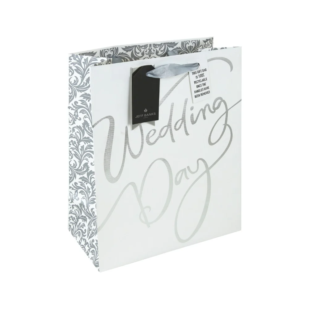 Wedding Day Large Gift Bag | White and Silver, Damask Detail