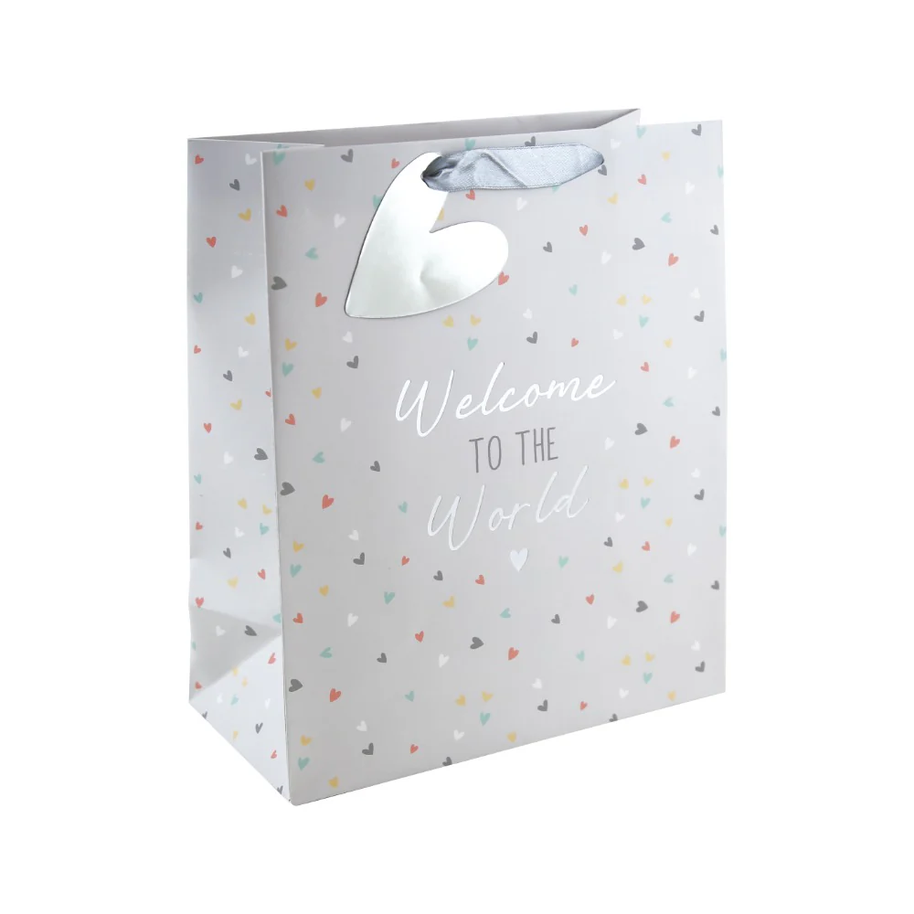 Welcome to the World Large Baby Gift Bag | Grey, Pastel Hearts