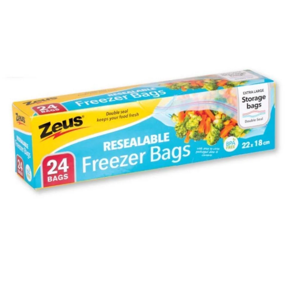 Zeus Resealable Food Storage Freezer Bags | Pack of 24 | 22cm x 18cm