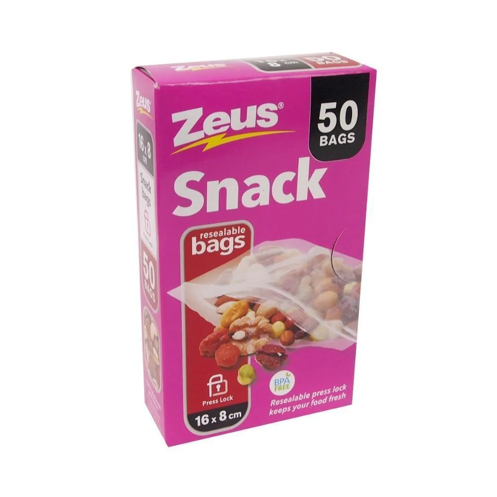 Zeus Resealable Snack Bags | Pack of 50 | 16cm x 8cm | BPA Free